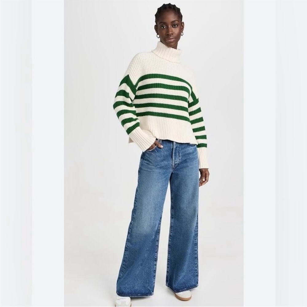 Madewell Wide Rib Turtleneck Sweater Green And White Striped Womenâs Size Xsmall